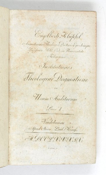 Institutiones theologiae dogmaticae in usum auditorum. Pars I (-II).