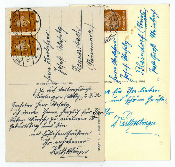 2 eigenh. Bildpostkarten mit U.