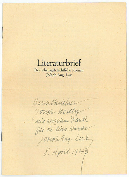 Eigenh. Widmung auf gedr. Broschur (Literaturbrief. Der lebensgeschichtliche Roman).