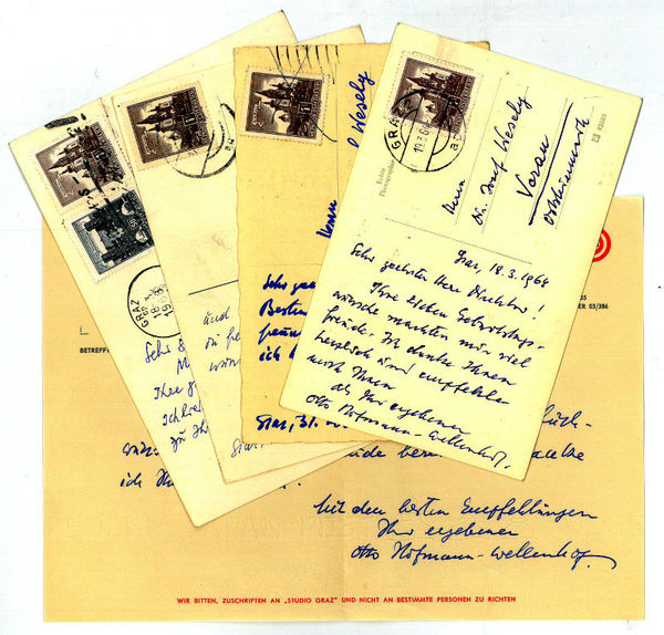 4 eigenh. Bildpostkarten und 2 (1 eh. und 1 ms.) …