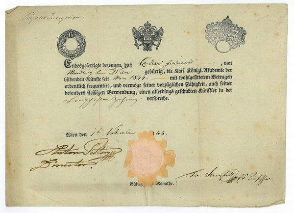 Eigenh. ausgefülltes und unterfertigtes Zeugnis für Ferdinand Eder.