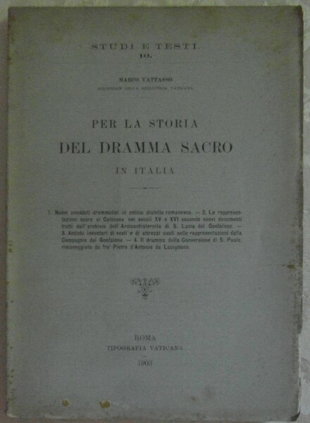 PER LA STORIA DEL DRAMMA SACRO IN ITALIA.