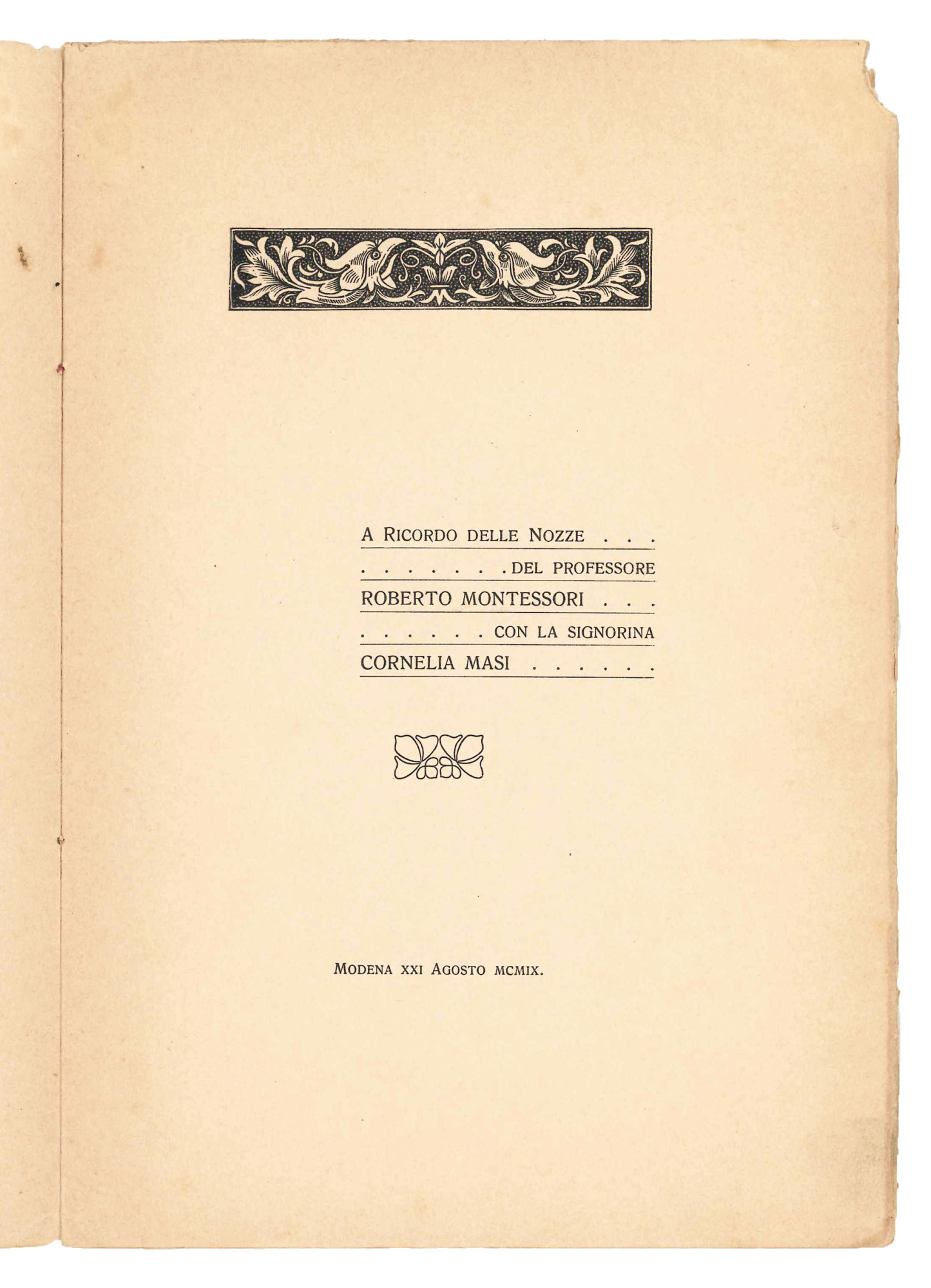 A ricordo delle nozze del professore Roberto Montessori con la …