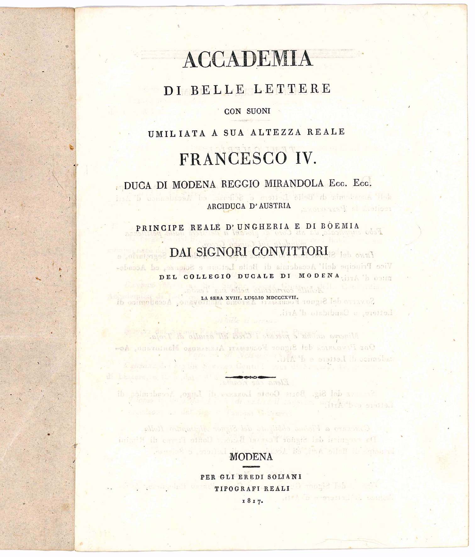 Accademia di Belle Lettere con suoni umiliata a S. A.R. …