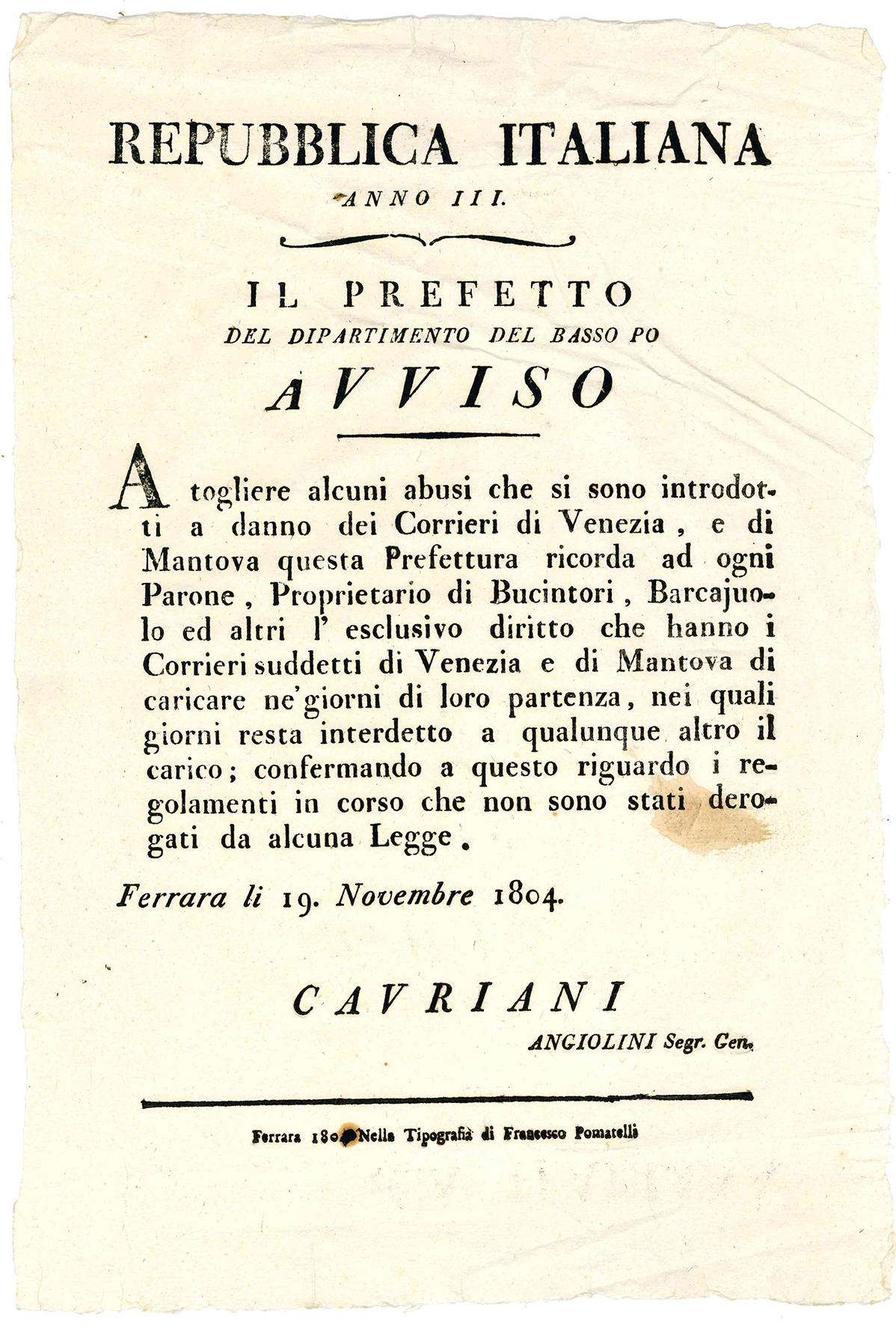 Anno III, Il Prefetto del Dipartimento del Basso Po. Avviso