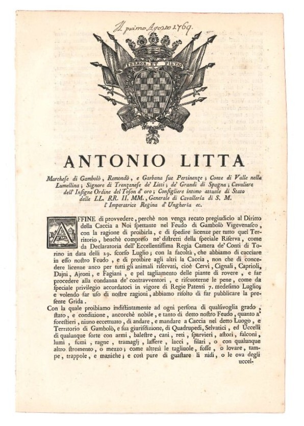 Antonio Litta Marchese di Gambolò, e Garbana sue Pertinenze [...].