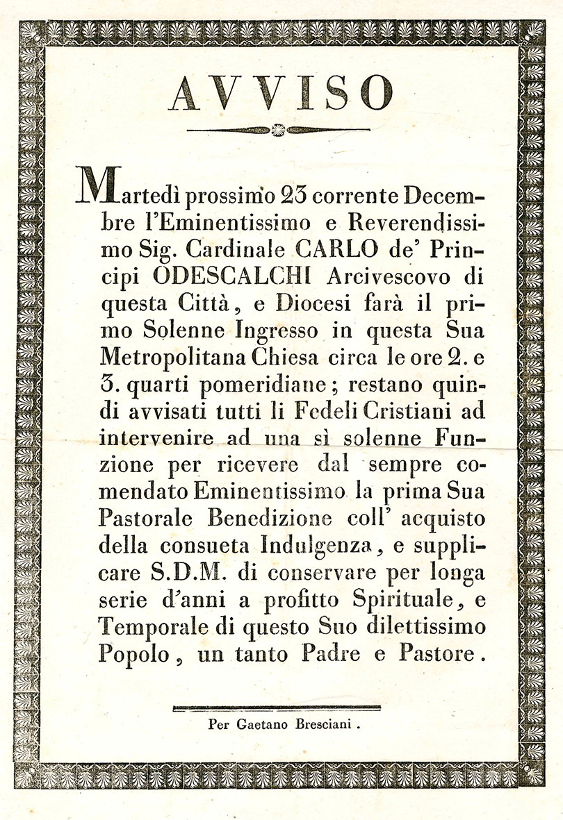 Avviso ai fedeli: martedì 23 Dicembre (1823) il Card. Carlo …