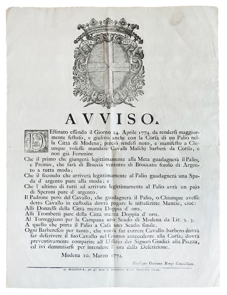 Avviso firmato dal Cancelliere Giuseppe Gaetano Benzi e datato Modena, …