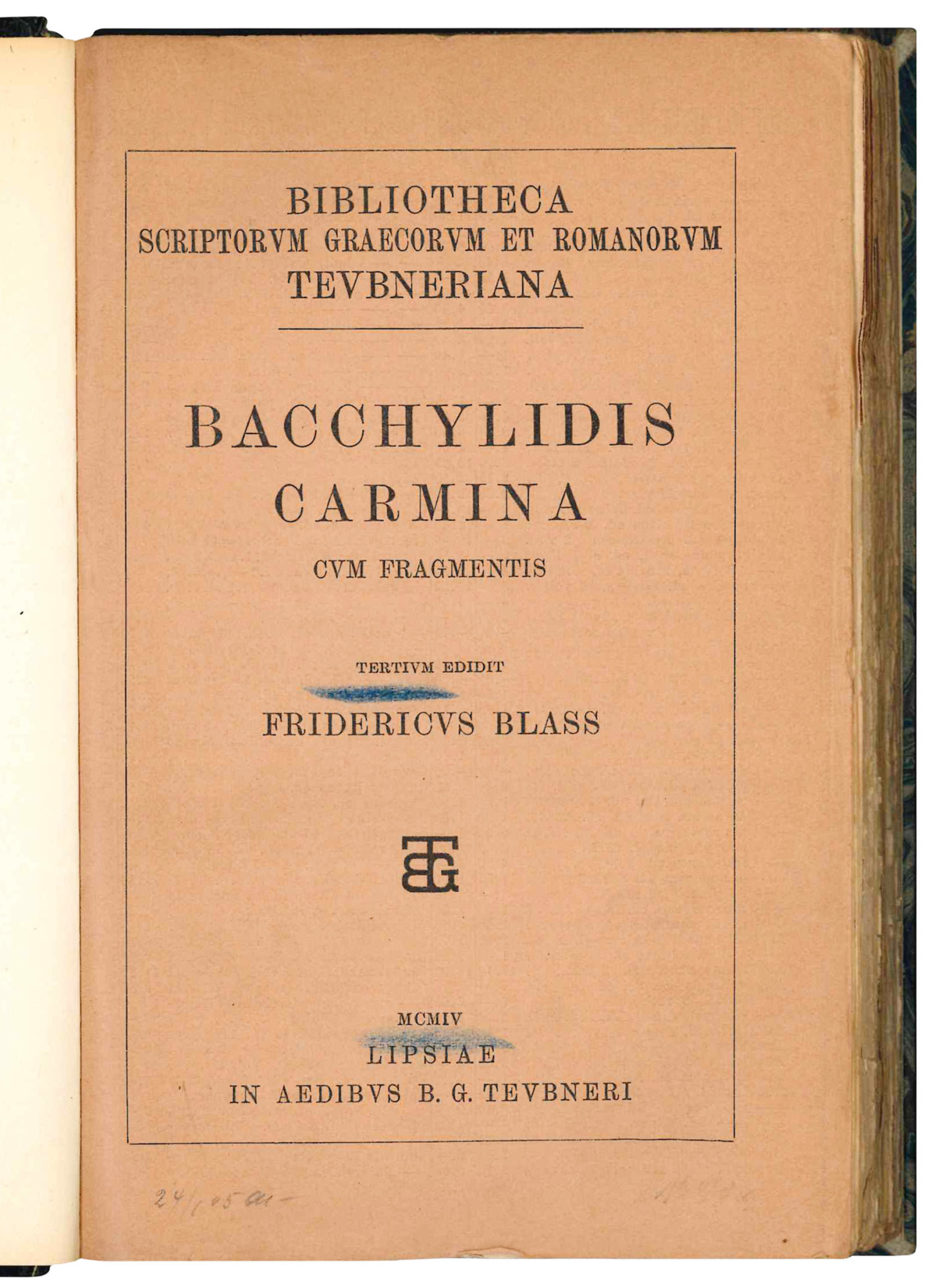 Bacchylidis Carmina cum fragmentis. Tertium edidit Fridericus Blass.