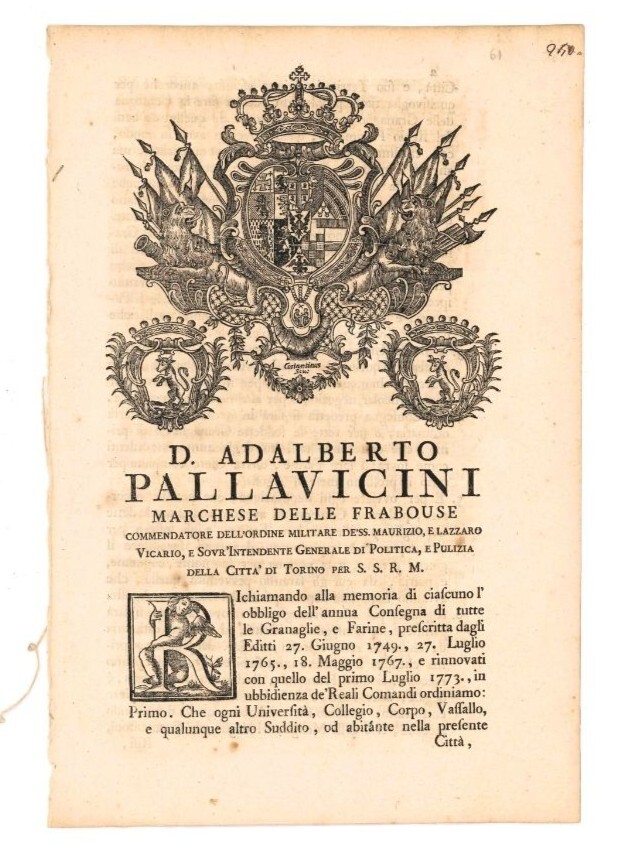 Bando sulla consegna delle granaglie al Marchese delle Frabouse D. …