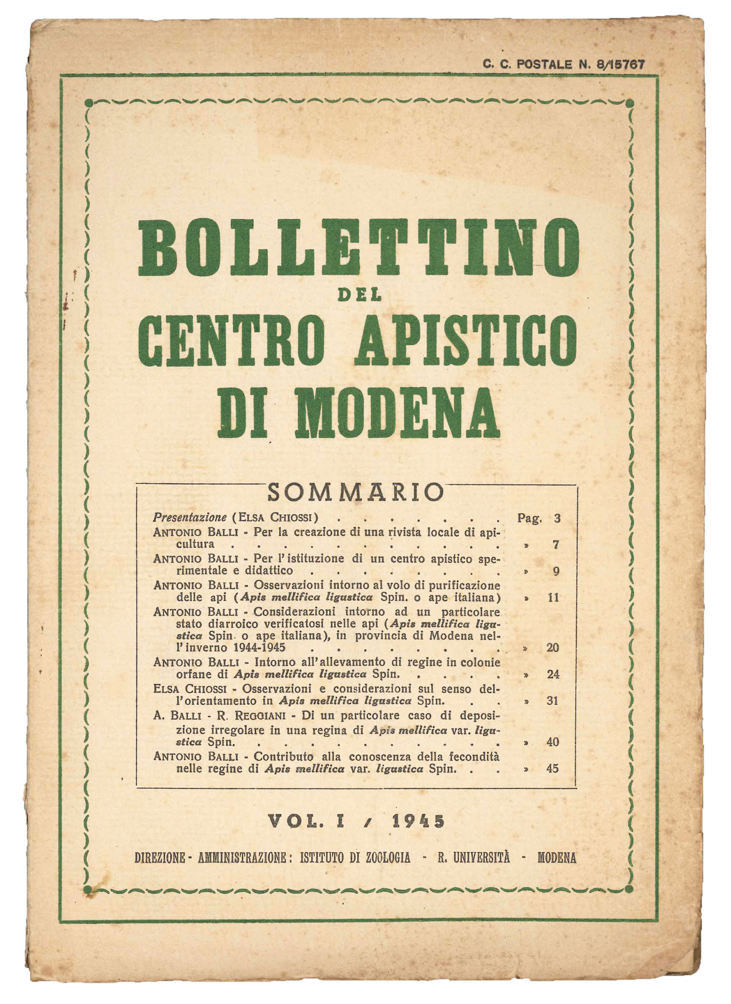 Bollettino del Centro apistico di Modena.