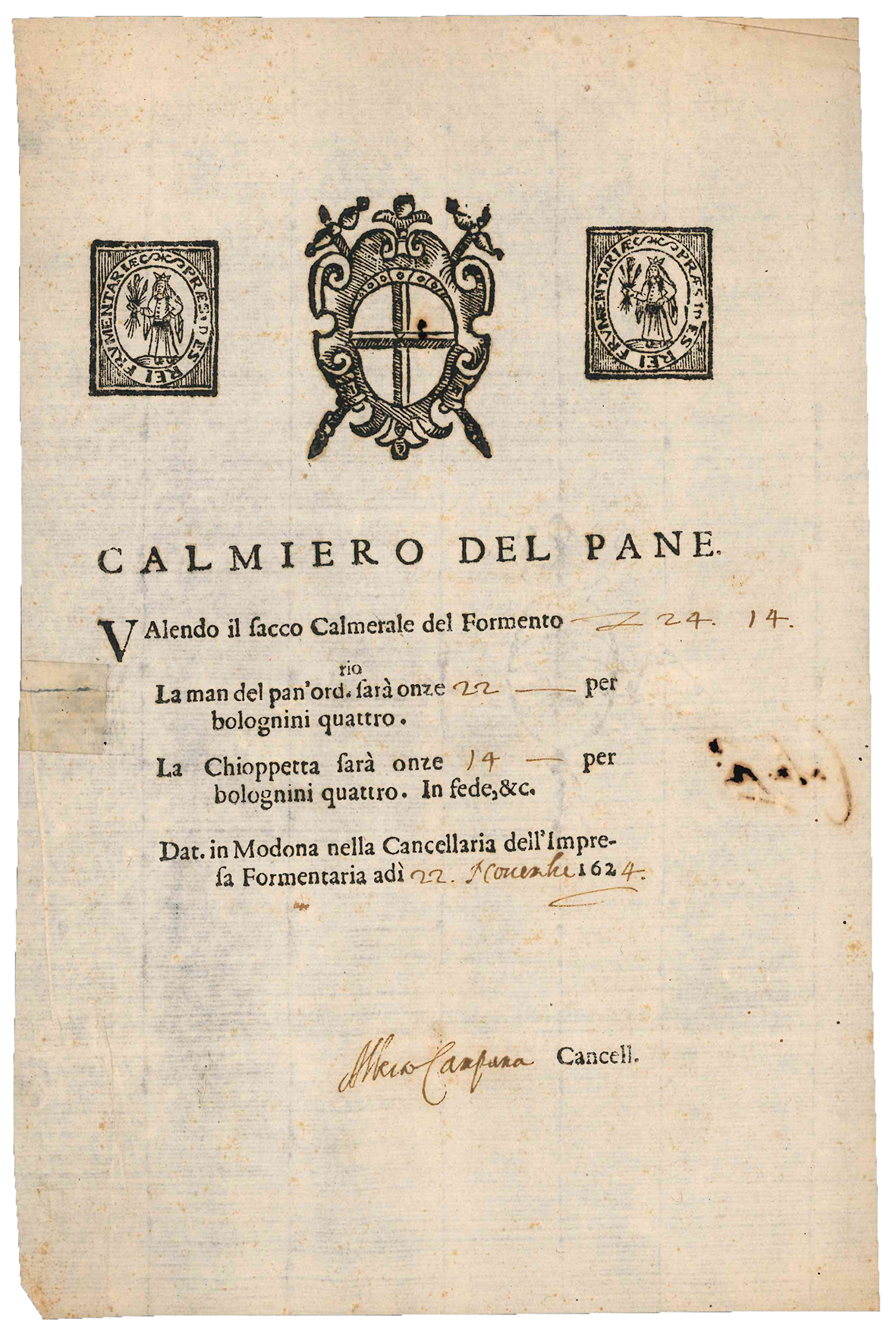 Calmiero del pane. Modena, 22 November 1624