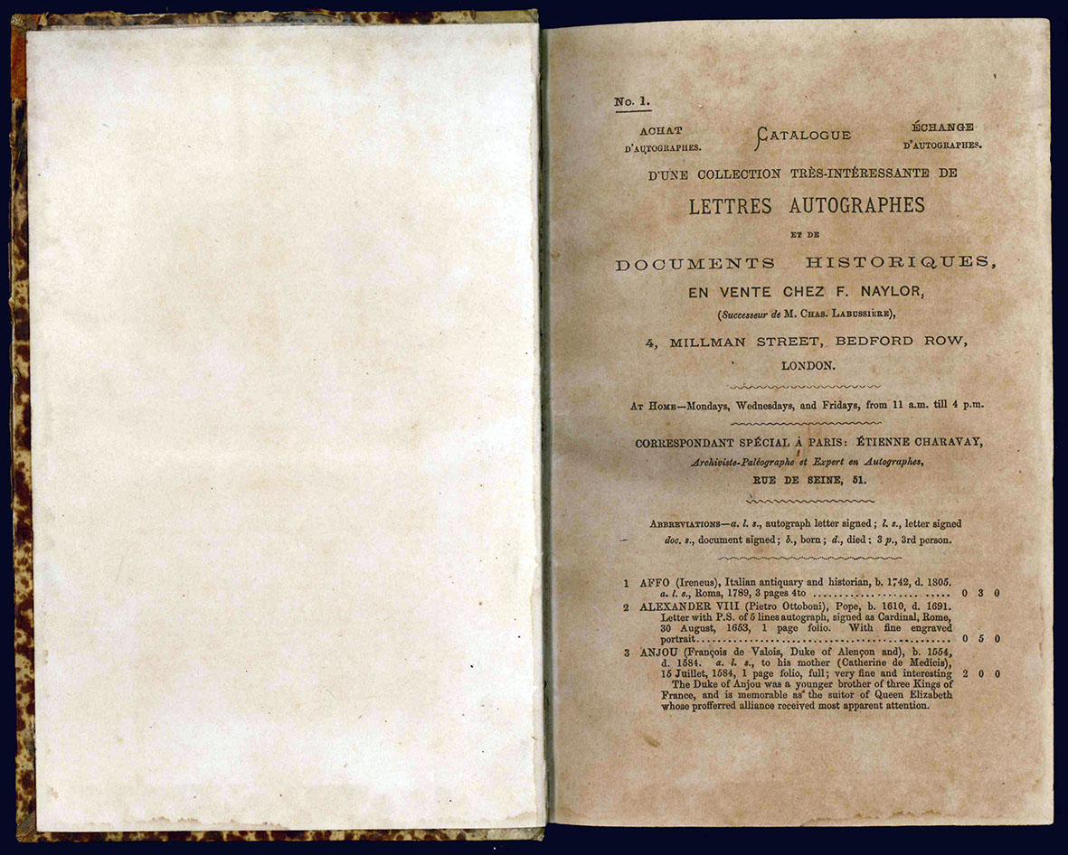 Catalogue d' une collection très interéssante de Lettres Autographes et …