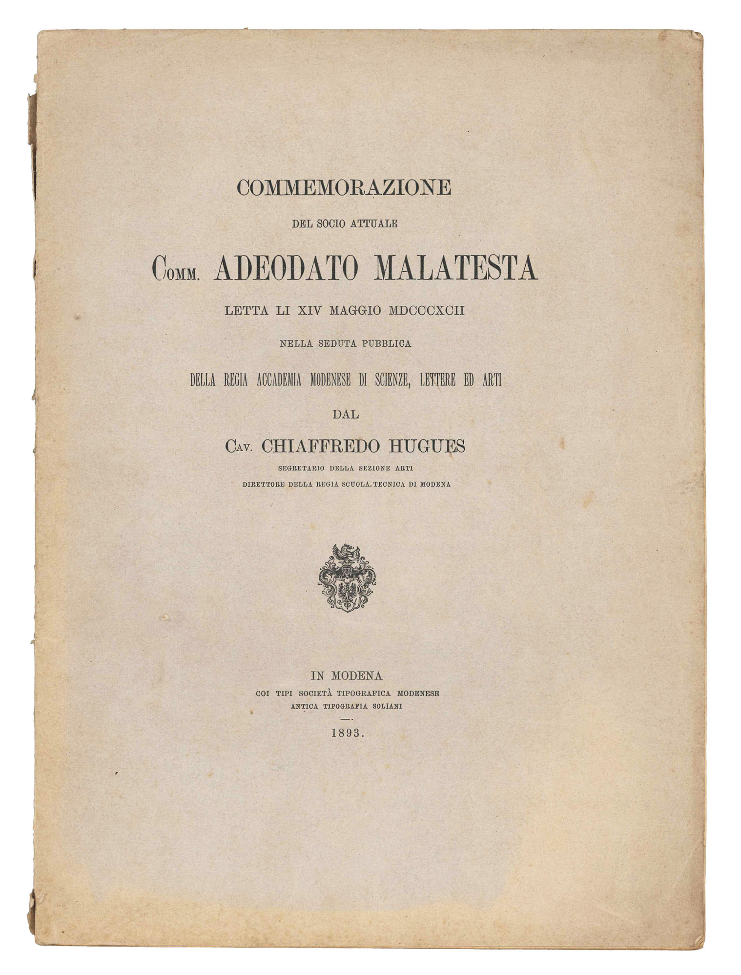 Commemorazione del socio attuale Comm. Adeodato Malatesta letta li XIV …