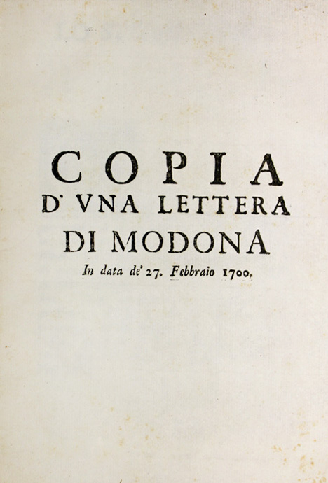 Copia d'una lettera di Modona In data de' 27. Febbraio …