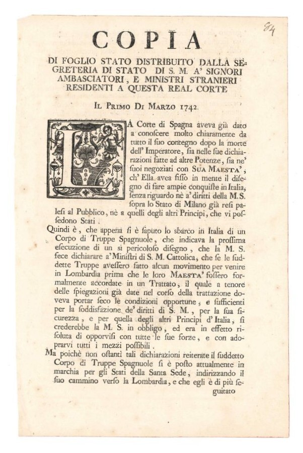 Copia di foglio di stato distribuito dalla segreteria di stato …