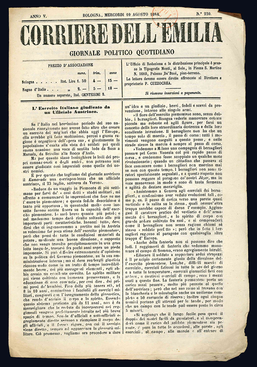 Corriere dell'Emilia (Mercordì 10 agosto 1864). Gazzetta dell'Emilia (Venerdì 23 …