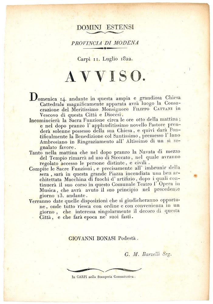 Dominj Estensi. Provincia di Modena. Carpi 11. Luglio 1822. Avviso. …