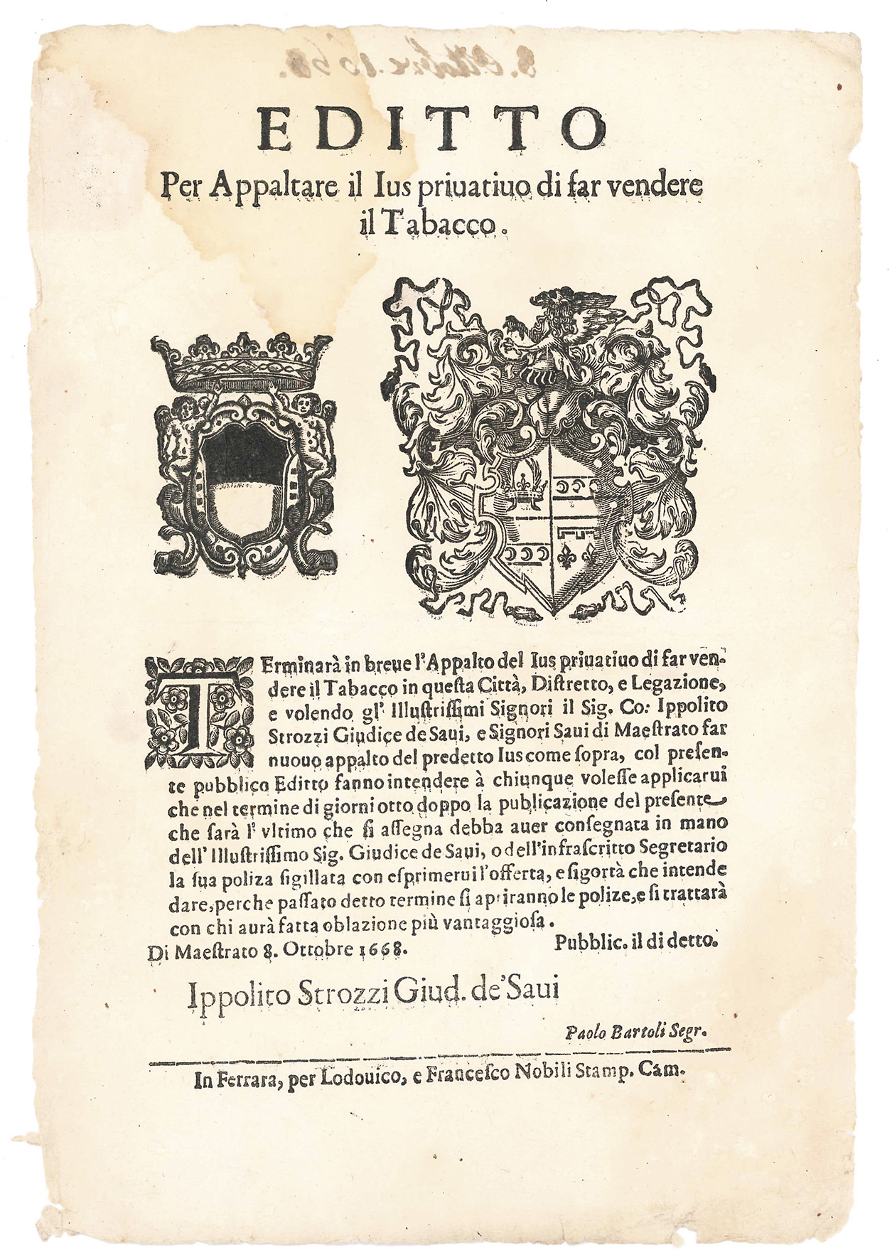 Editto per appaltare il Ius privativo di far vendere il …