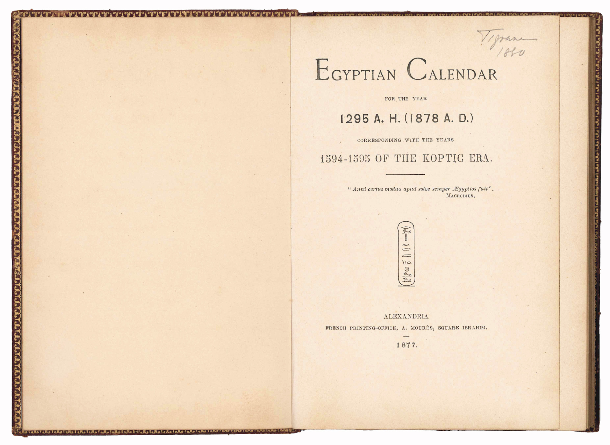 Egyptian Calendar for the year 1295 A.H. (1878 A.D.) corresponding …