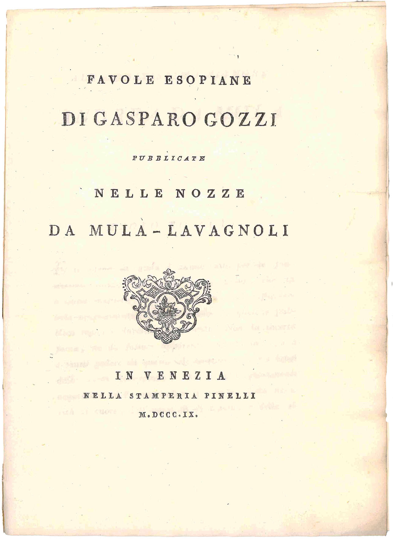 Favole esopiane di Gasparo Gozzi pubblicate nelle nozze Da Mula-Lavagnoli