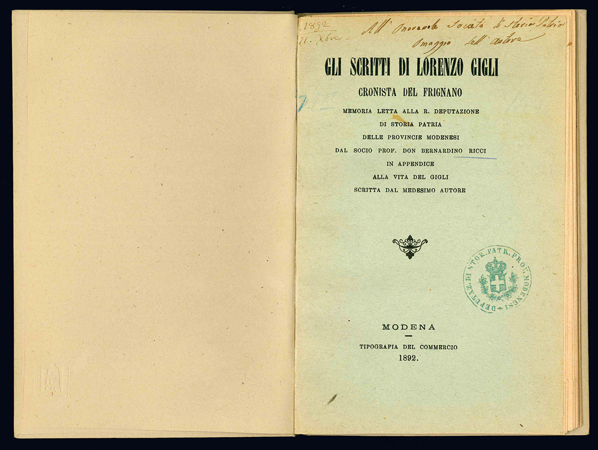Gli scritti di Lorenzo Gigli cronista del Frignano. Memoria letta …