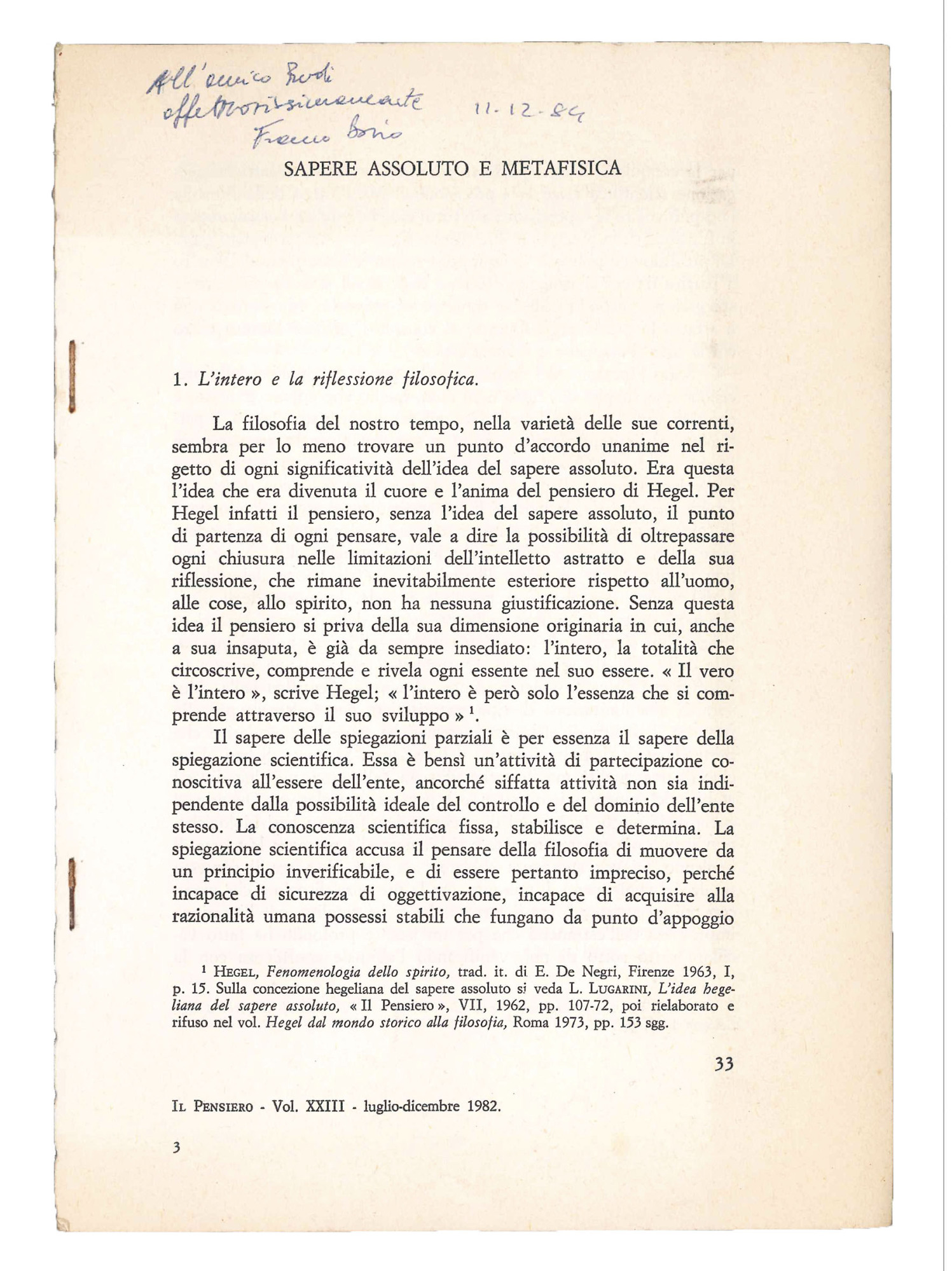 Il pensiero, vol. XXIII 1982: Sapere assoluto e metafisica.