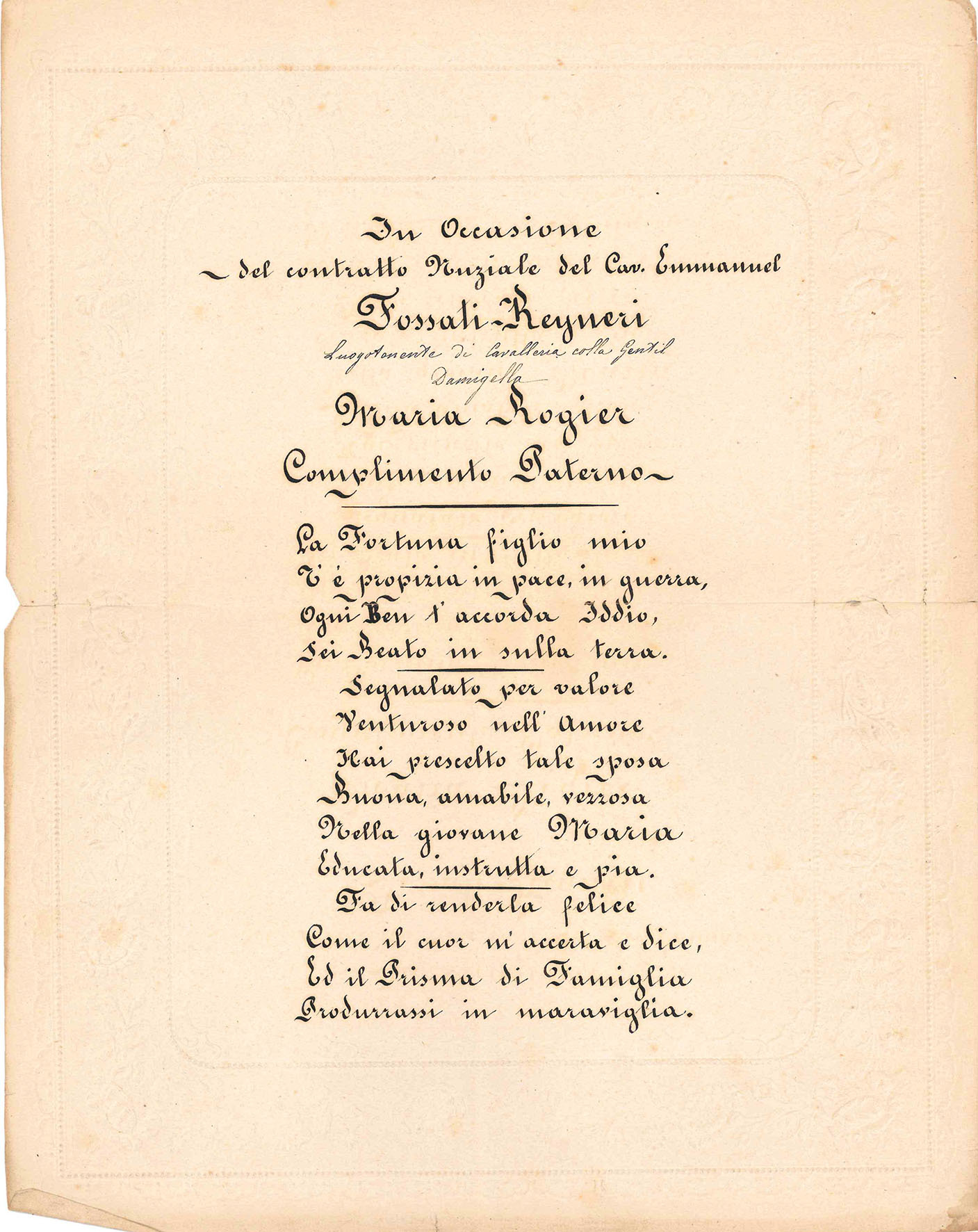 In occasione del contratto nuziale del Cav. Emmanuel Fossati-Reyneri luogotenente …
