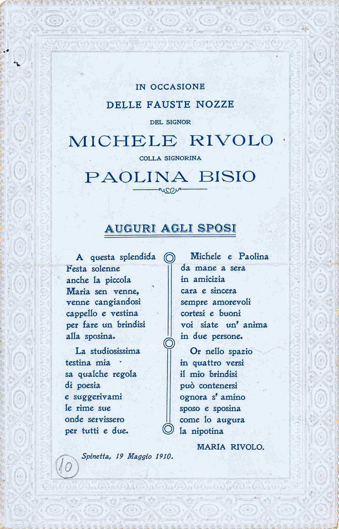 In occasione delle fauste nozze del Signor Michele Rivolo colla …