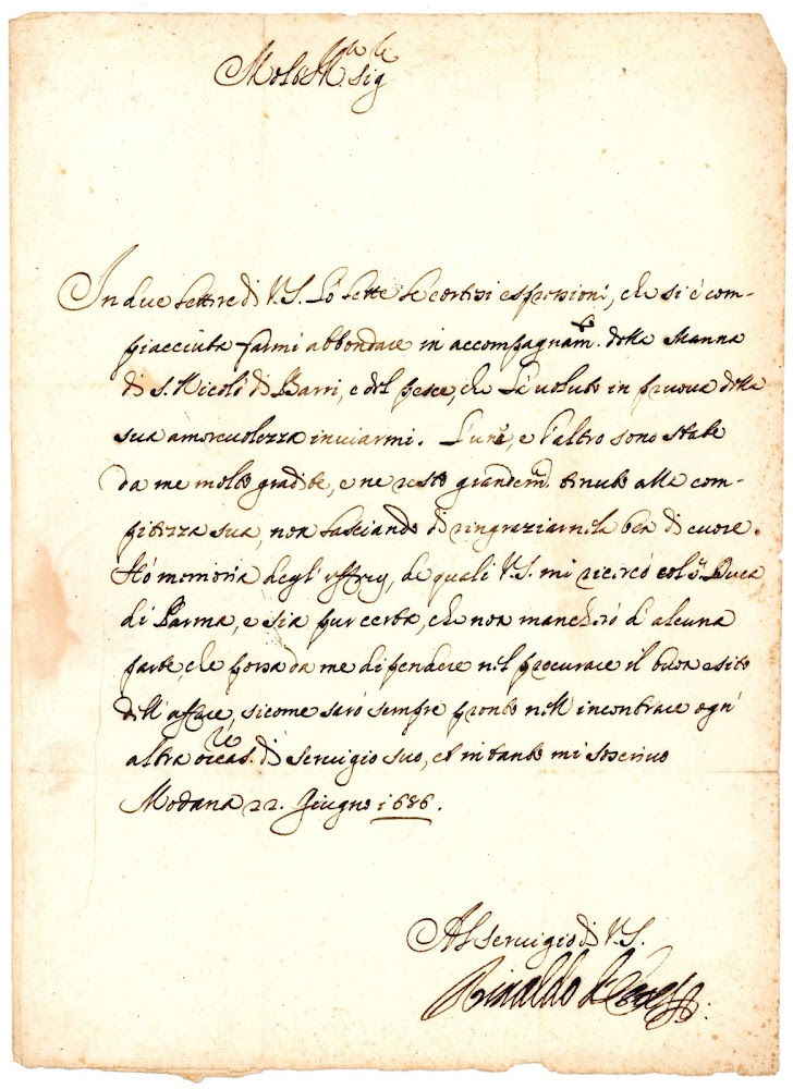 Lettera cancelleresca con firma autografa. Manoscritto su carta. Modena, 22 …