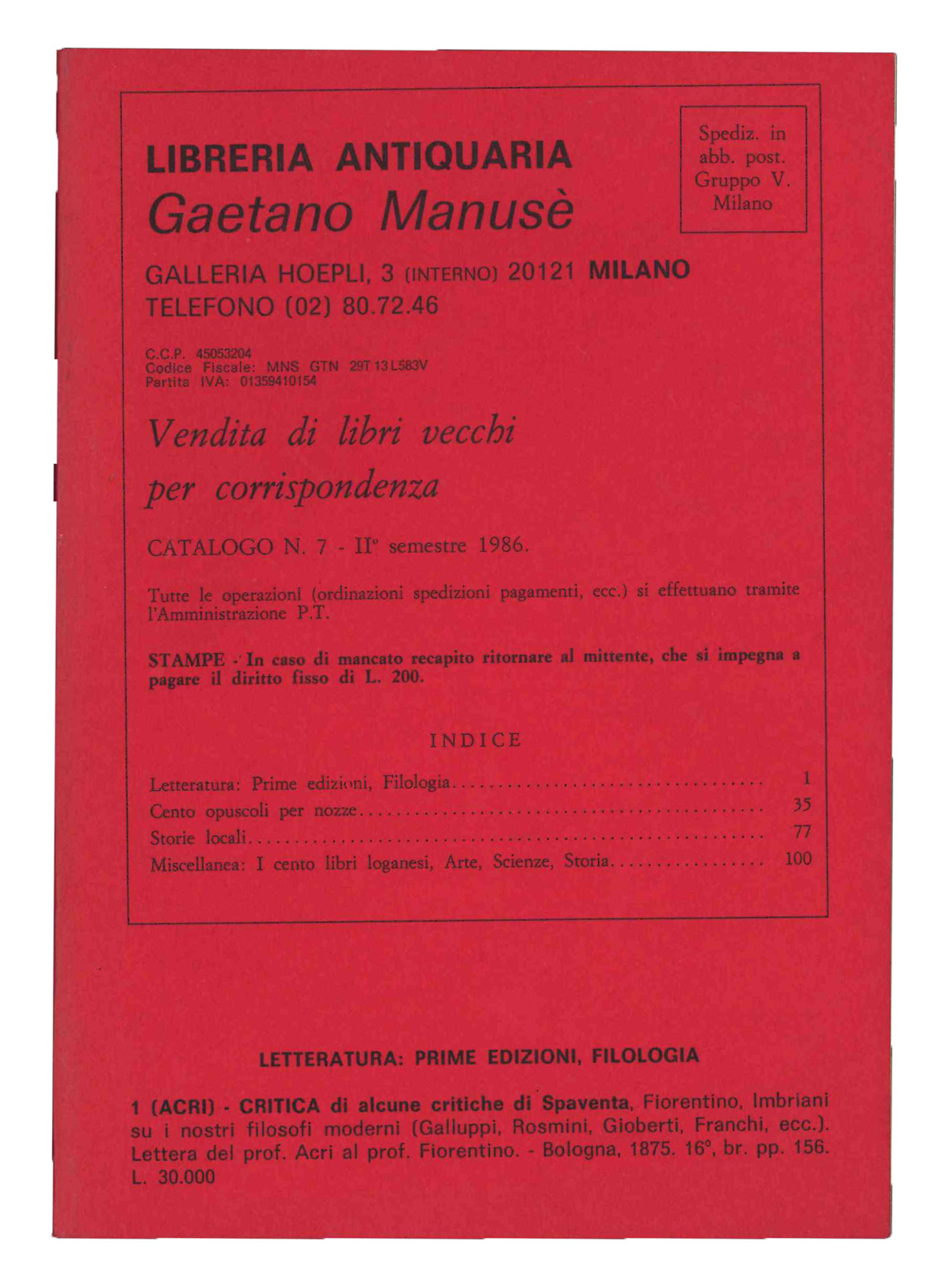 Libreria antiquaria Gaetano Manusè [...] Vendita di libri vecchi per …