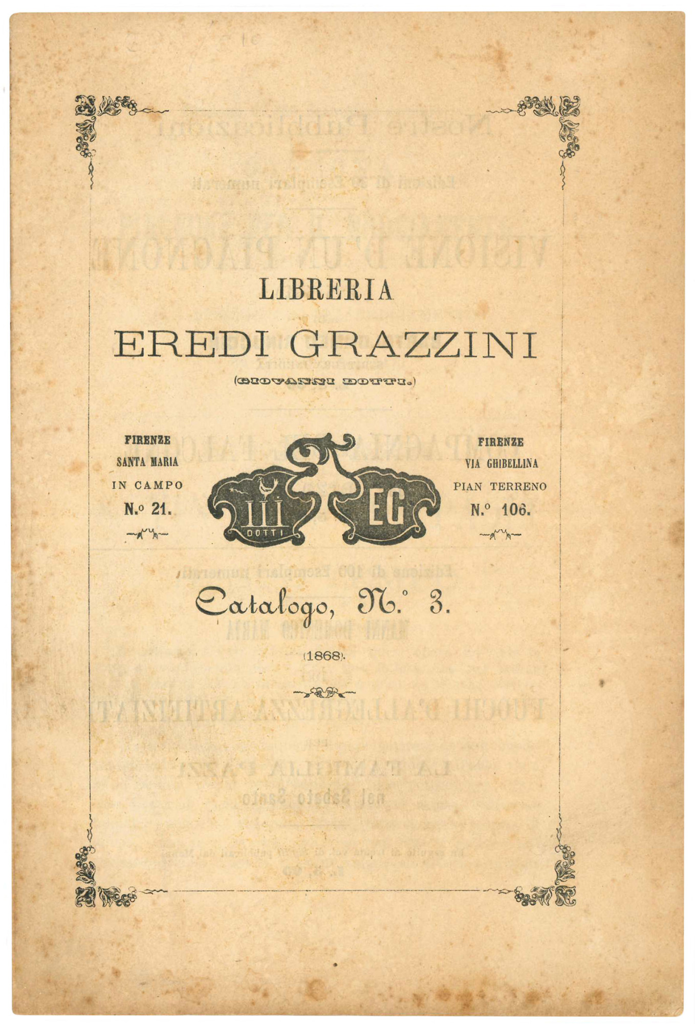Libreria eredi Grazzini (Giovanni Dotti.). Catalogo N^ 3. 1868.