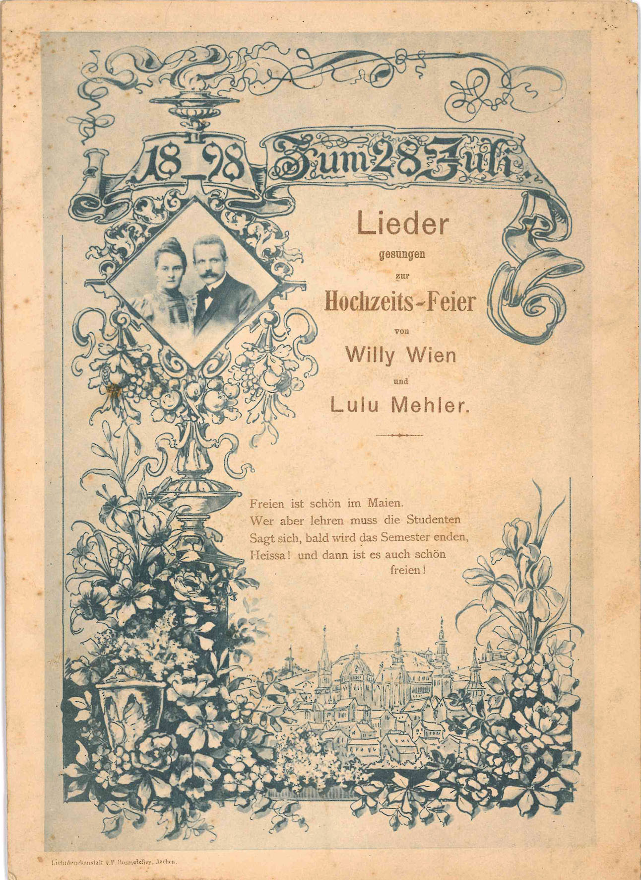 Lieder gesungen zur Hochzeits-Feier von Willy Wien und Lulu Mehler.