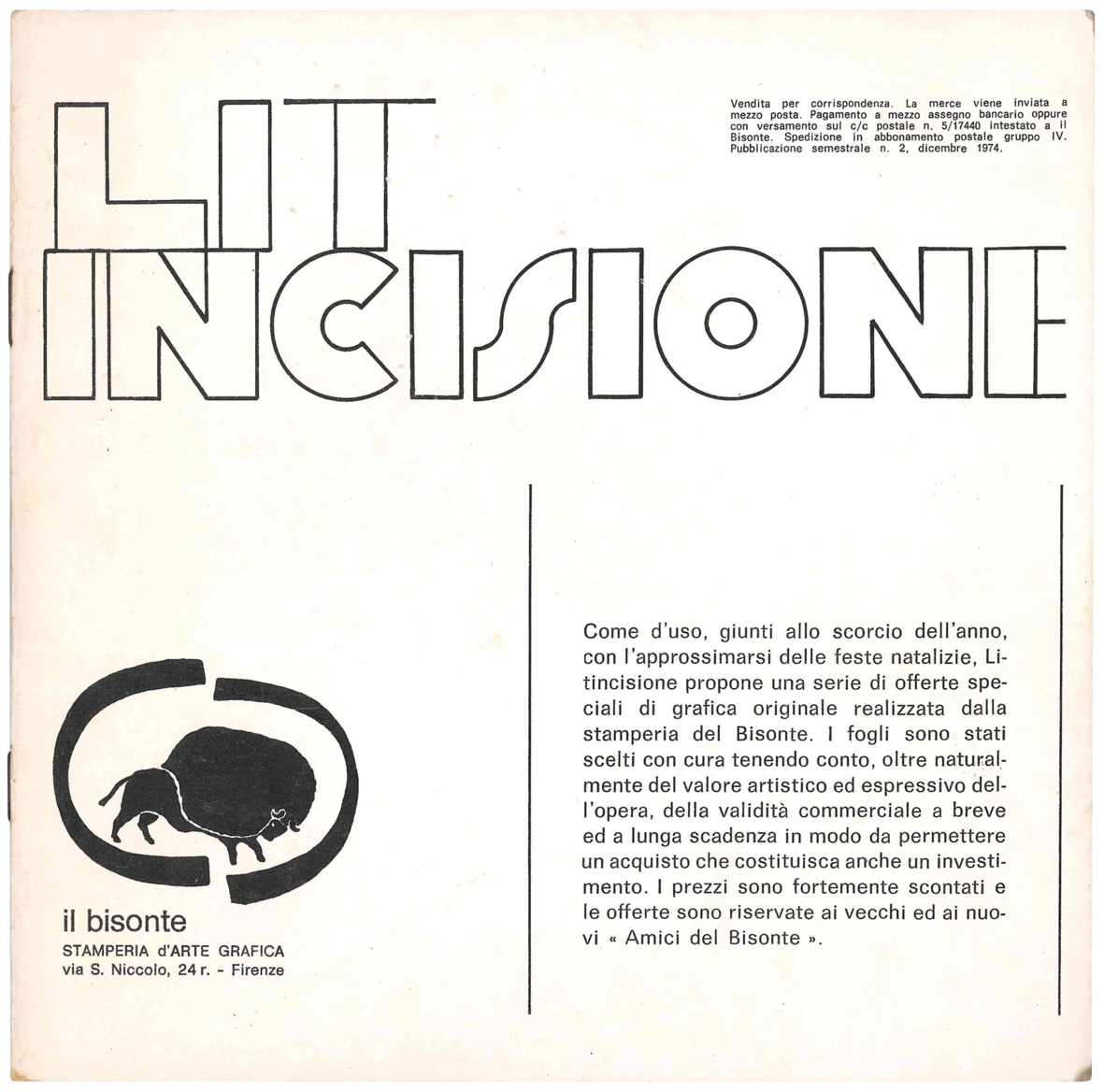 Lit-Incisione. Catalogo n. 2. Dicembre 1974.