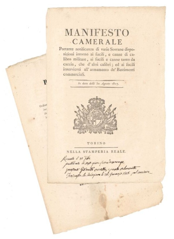 Lotto di 2 manifesti sull'uso delle armi, in particolare archibugi …