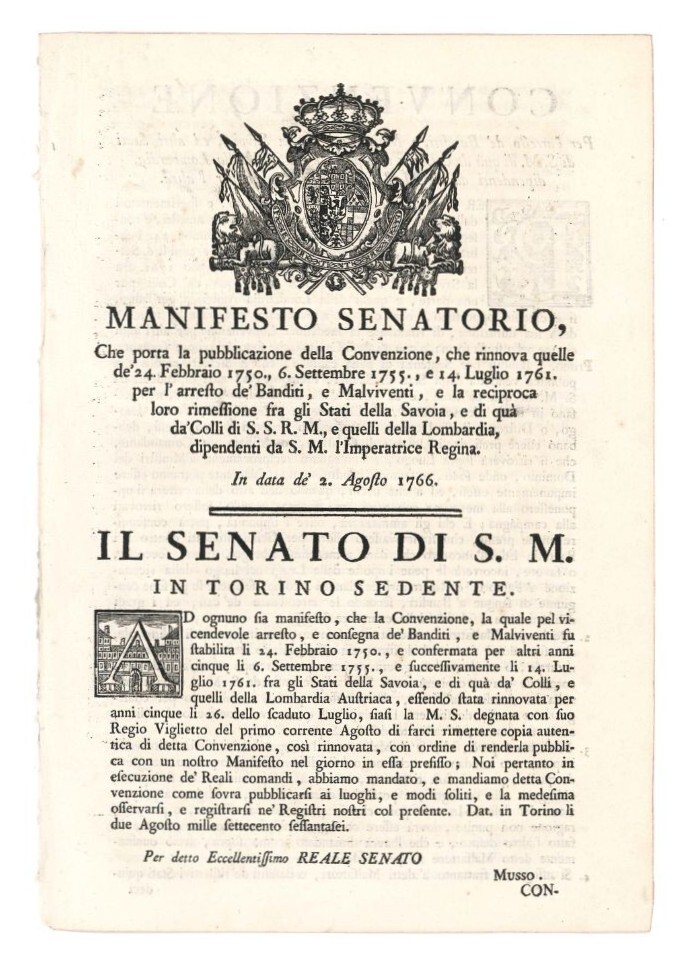 Lotto di 4 manifesti su banditi, malviventi e vagabondi.