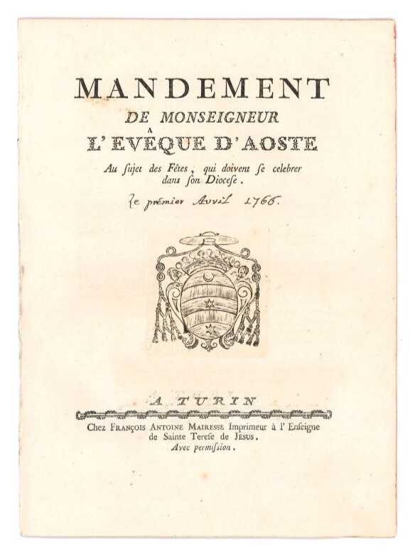 Mandement de Monseigneur l'eveque d'Aoste au sujet des Fetes, qui …