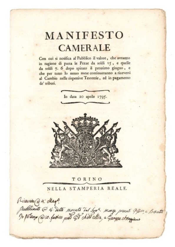 Manifesto camerale con cui si notifica al Pubblico il valore, …