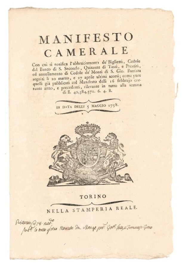 Manifesto camerale con cui si notifica l'abbruciamento de' Biglietti, Cedole …