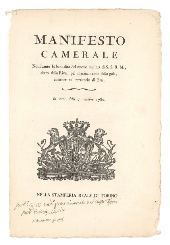 Manifesto camerale notificante la bannalità del nuovo mulino di S.S.R.M. …