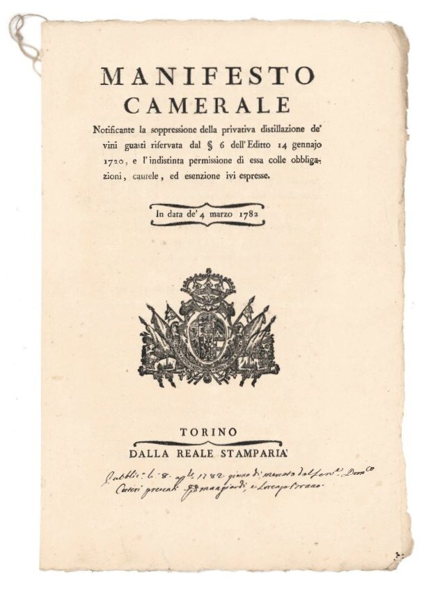 Manifesto camerale notificante la soppressione della privativa distillazione de' vini …