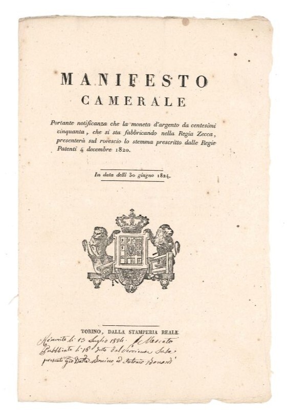Manifesto camerale portante notificanza che la moneta d'argento da centesimi …