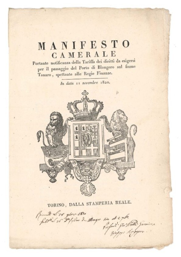Manifesto camerale portante notificanza della Tariffa dei diritti da esigersi …