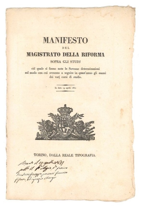 Manifesto del Magistrato della Riforma sopra gli studi col quale …