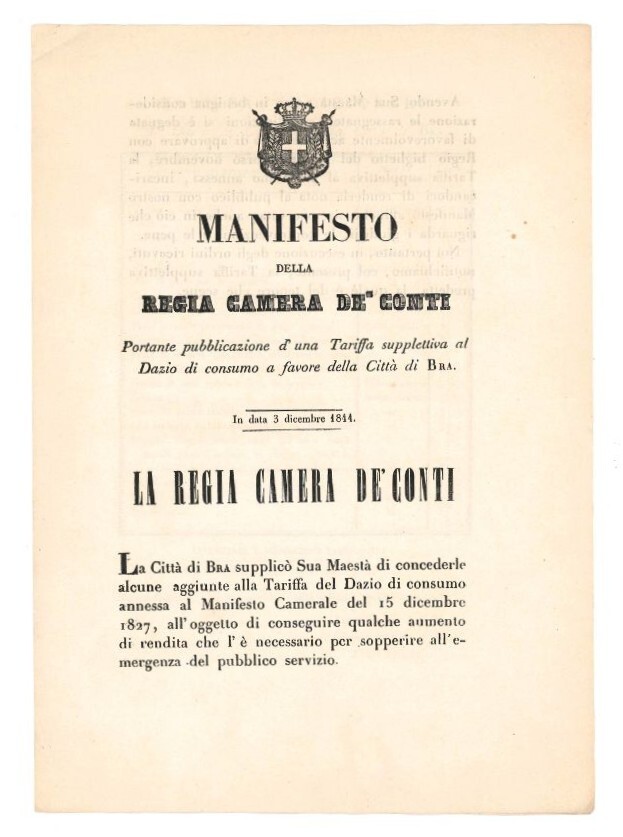 Manifesto della Regia Camera de' Conti portante pubblicazione d'una Tariffa …