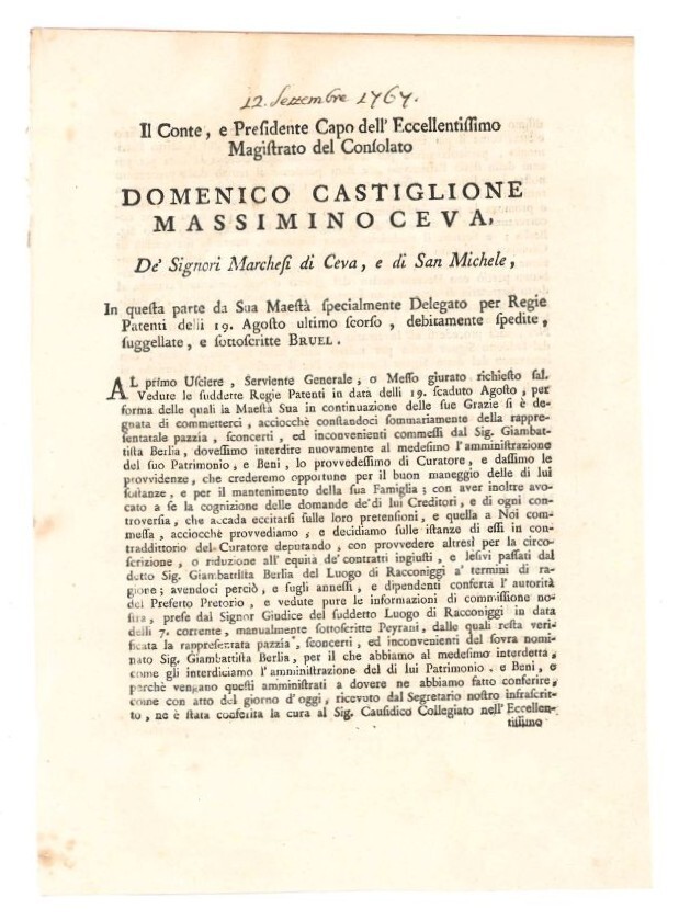 Manifesto di regie patenti. Il Conte, e Presidente Capo dell'Eccellentissimo …