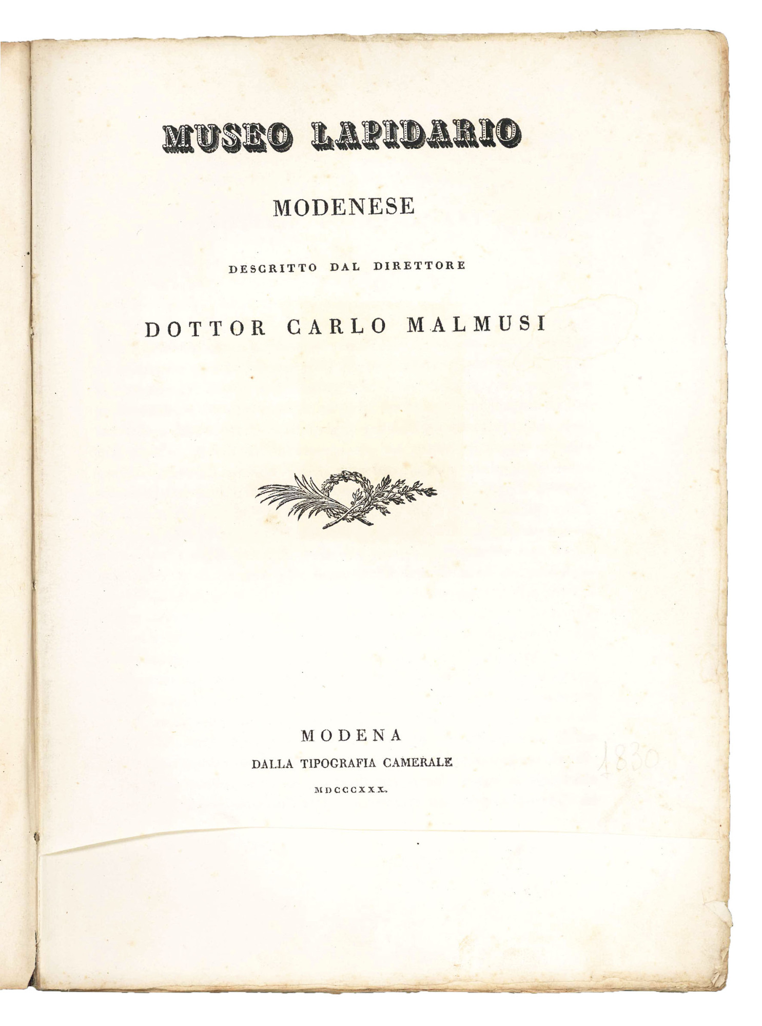 Museo lapidario modenese descritto dal direttore dottor Carlo Malmusi.