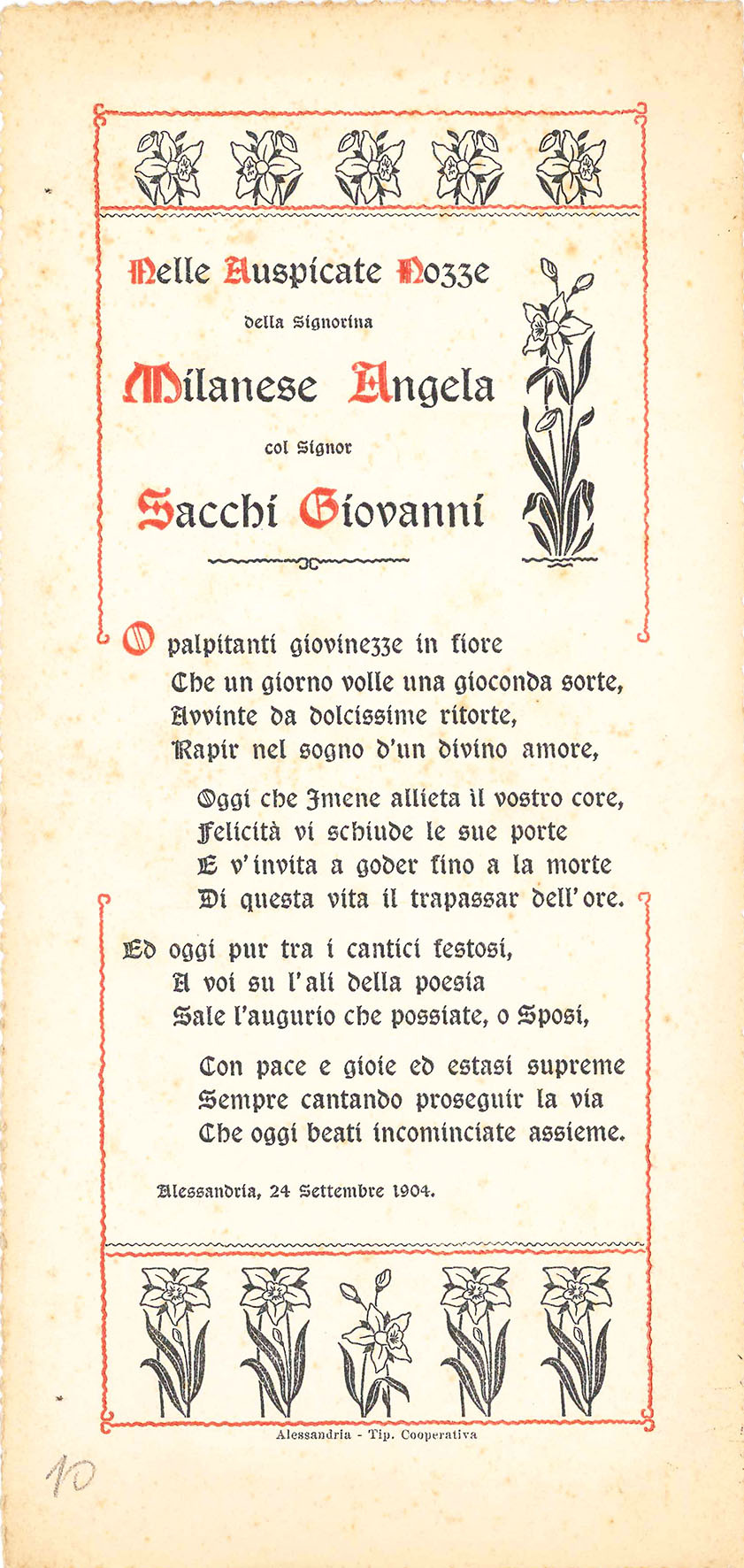 Nelle auspicate nozze della Signorina Milanese Angela col Signore Sacchi …