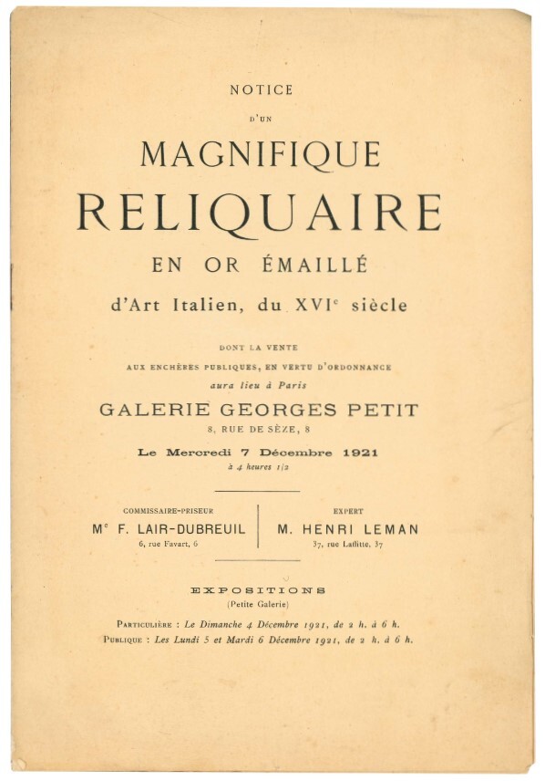 Notice d'un magnifique reliquaire en or émaillé d'art italien, du …