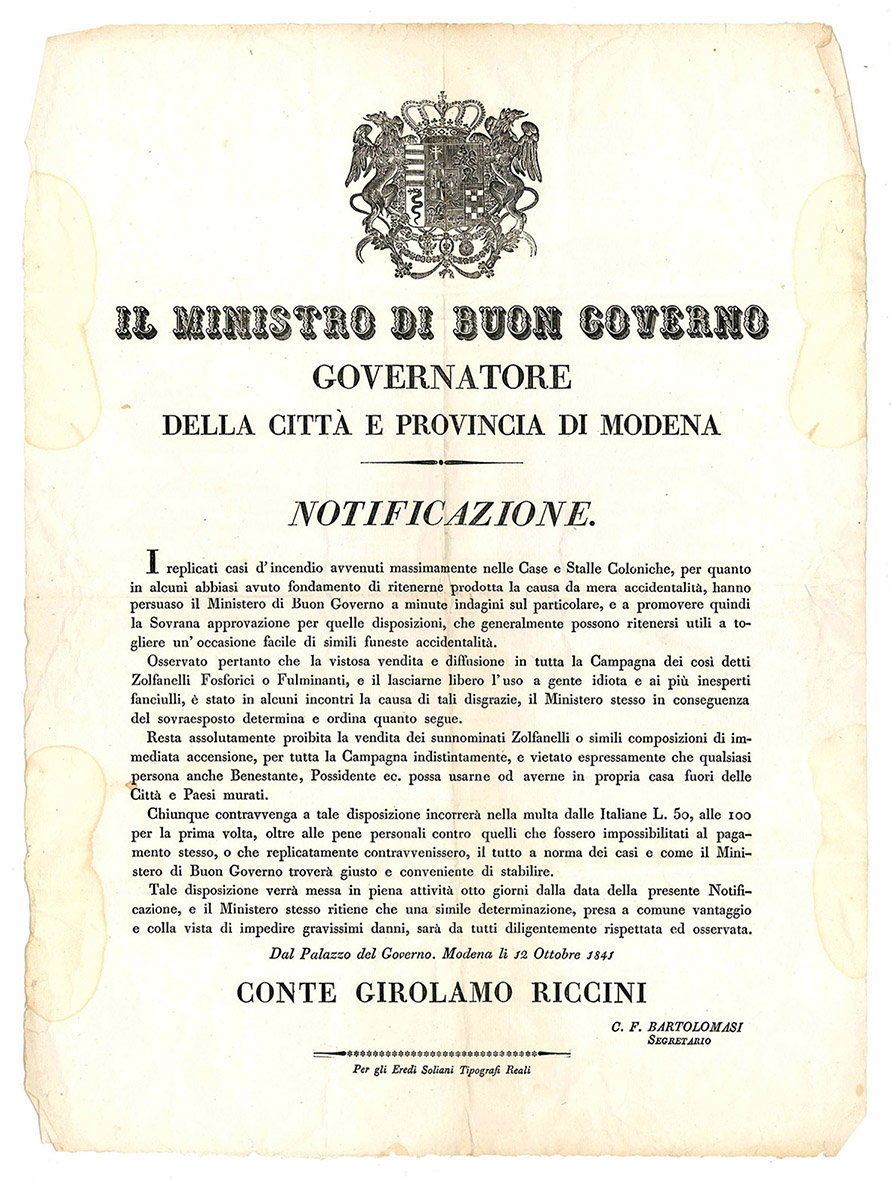 Notificazione del 12 Ottobre 1841, con la quale si fornivano …